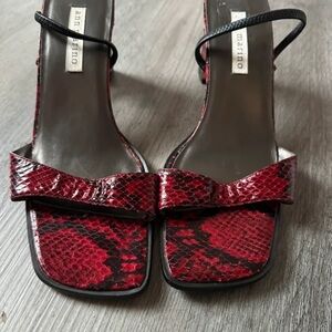 Ann Marino Red Snakeskin-Print Bow Strap Heels with Black Ankle Straps